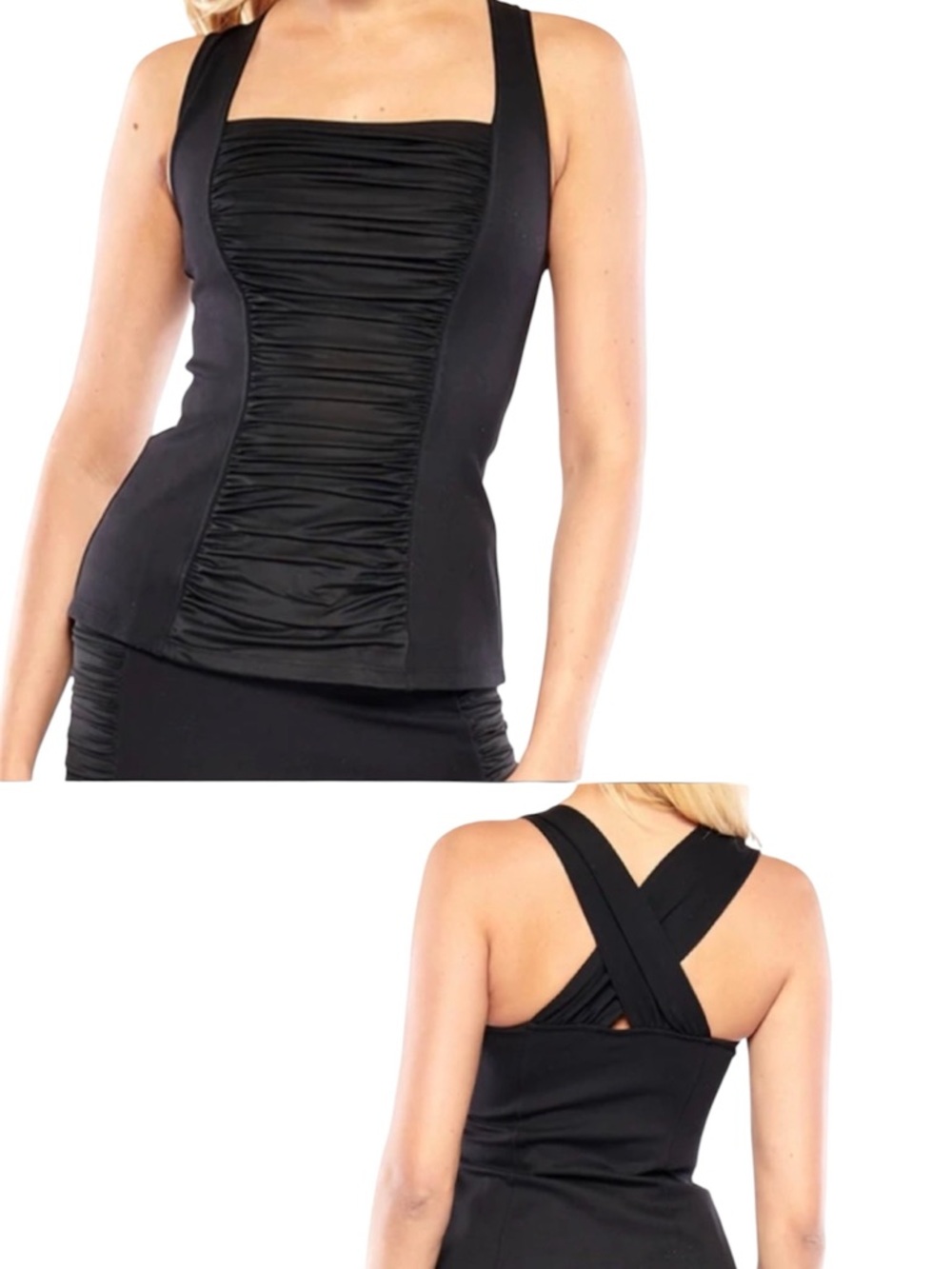 Bisou Bisou Black Ruched Tank Top with Crossback Straps